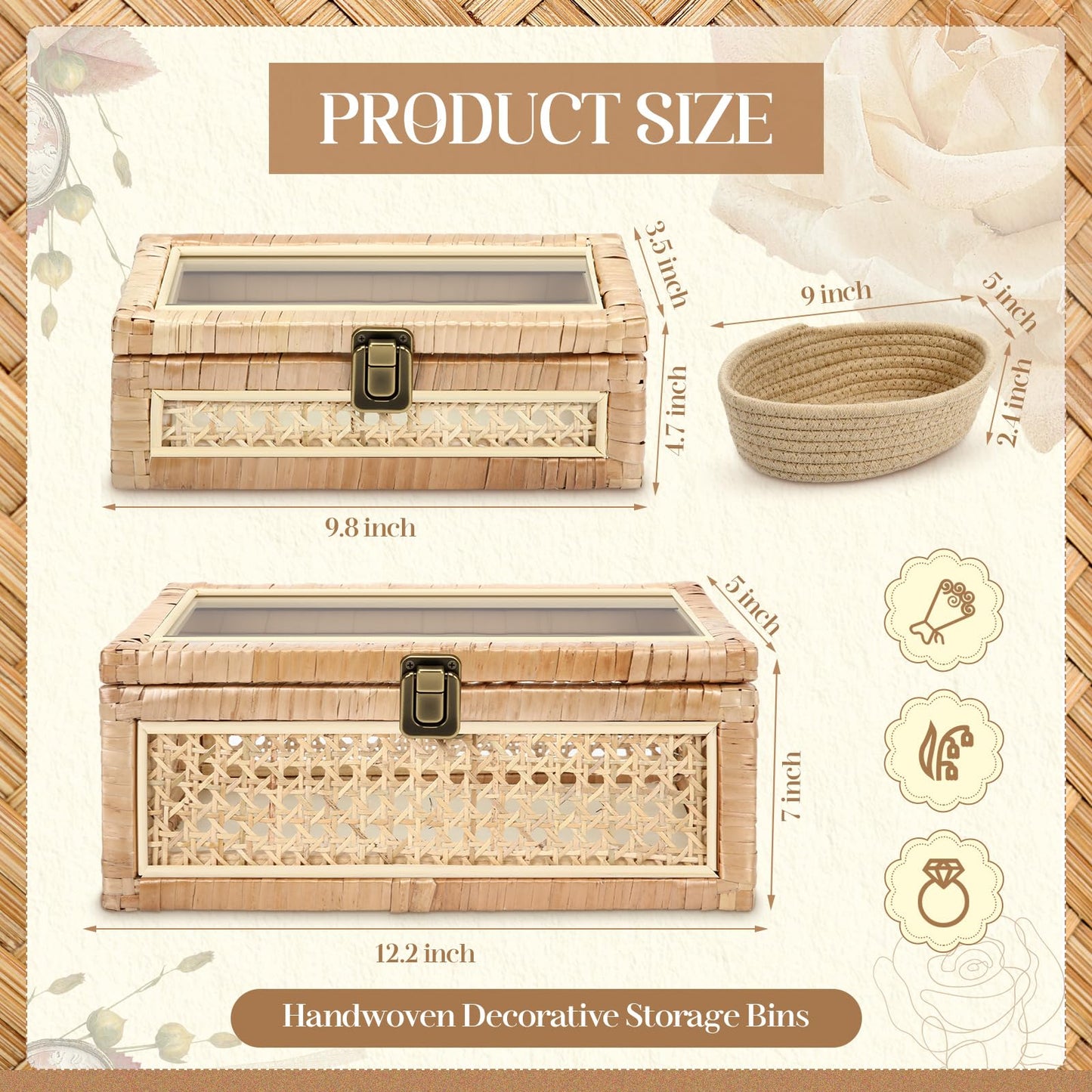 LOYIM Set of 2 Boho Rattan Decorative Box with Glass Lid Rectangular Woven Cane Stacking Boxes for Display Rustic Farmhouse Storage Basket Bins for Home Decoration