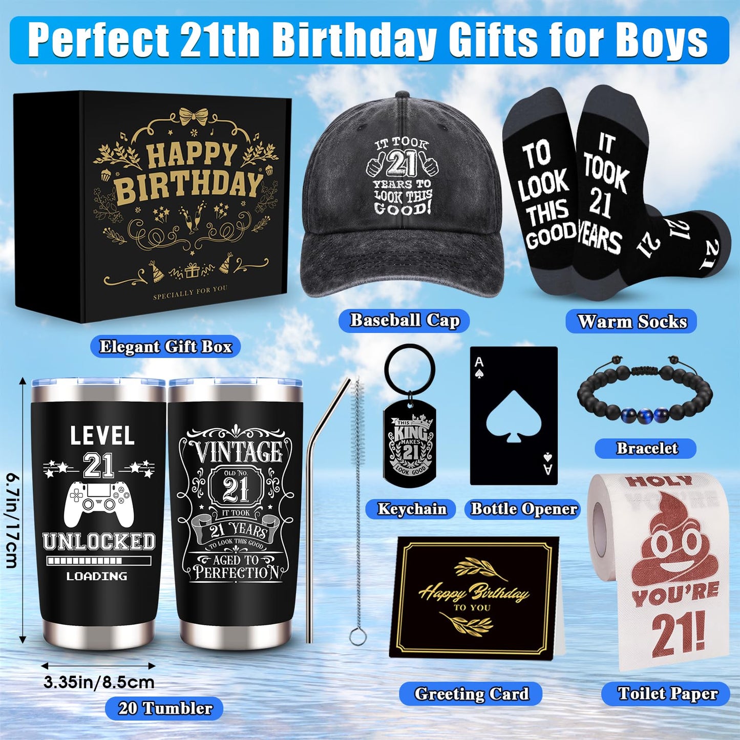 JTAMOHI 9 Pcs Happy 21th Birthday Gifts for Boys, 21 Year Old Boy Birthday Gifts with 20 Oz Tumbler, Funny Socks, Toilet Paper, Bracelet, Baseball Cap, Keychain for Son, Nephew, Grandson, Brother