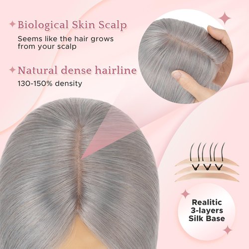 SEGO Grey Hair Toppers for Women Real Human Hair No Bangs, 7 * 13 CM Silk Base Clip In Topper Wiglet, Top Pieces for Women with Thinning Hair -6 Inch G1 Silver Grey