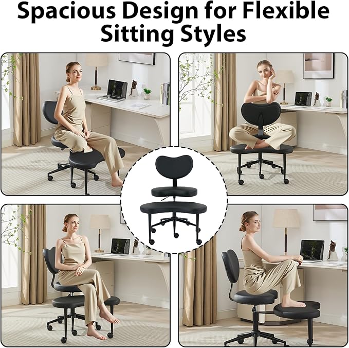 Cross Legged Office Chair with Wheels–360°Swivel Meditation Chair, Adjustable Height Yoga Office Chair for Adults, Ergonomic Kneeling Chair with Back Support for ADHD, PU Leather, Black
