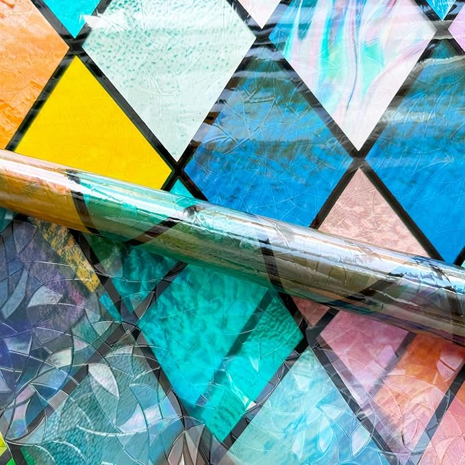 Colorful Stained Glass Window Film, Rainbow Door Privacy Films Static Cling Window Tint Decorative Window Decal Heat Cotrol Anti UV for Home and Office,17.5x78.7 in.