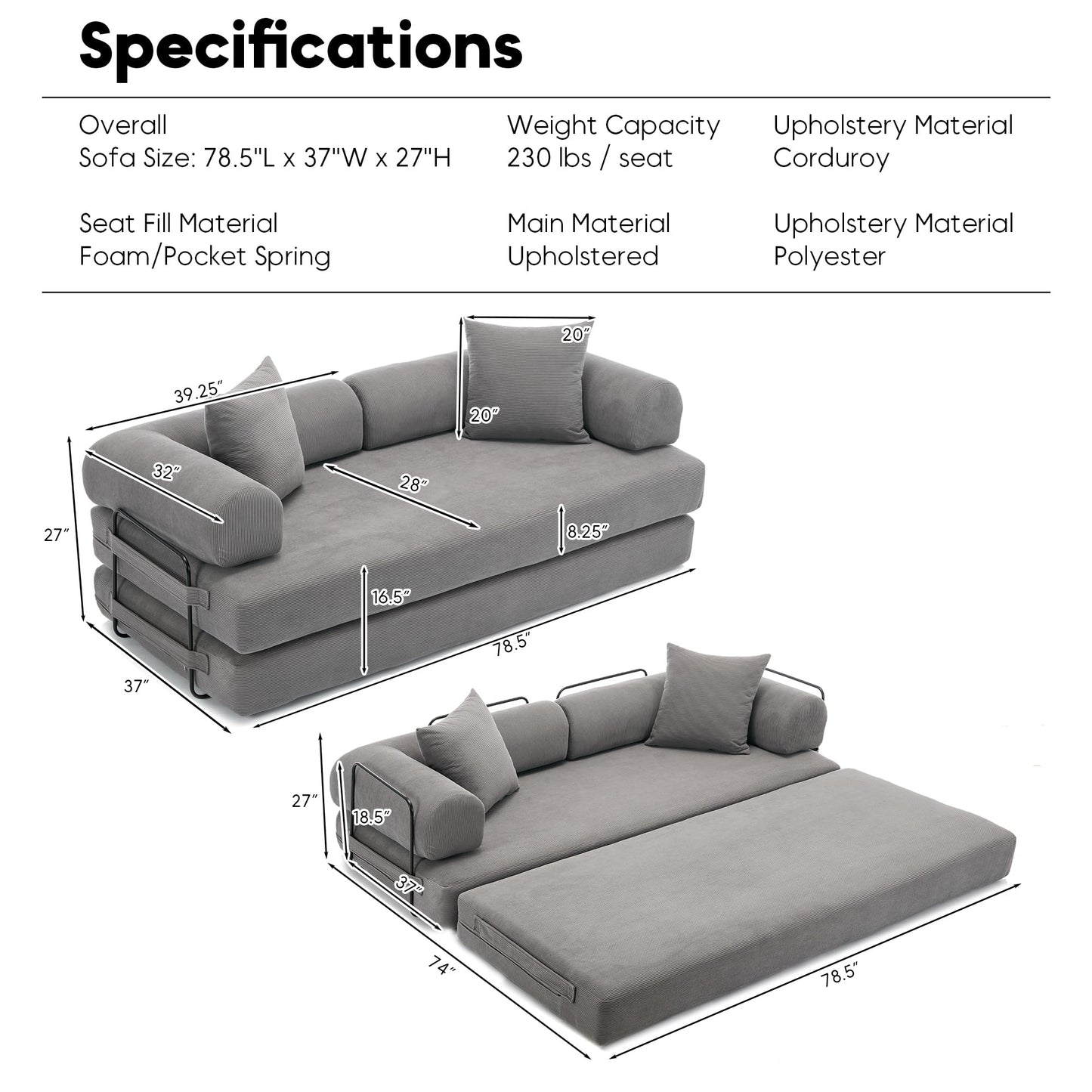 ZEIINPA Convertible Sleeper Sofa Bed with Cylindrical Pillow, Corduroy Folding Mattress Couch with Fixed-Shape Frame, Floor Sofa Lounge Couch for Living Room Bedroom Lounge Studio-Grey