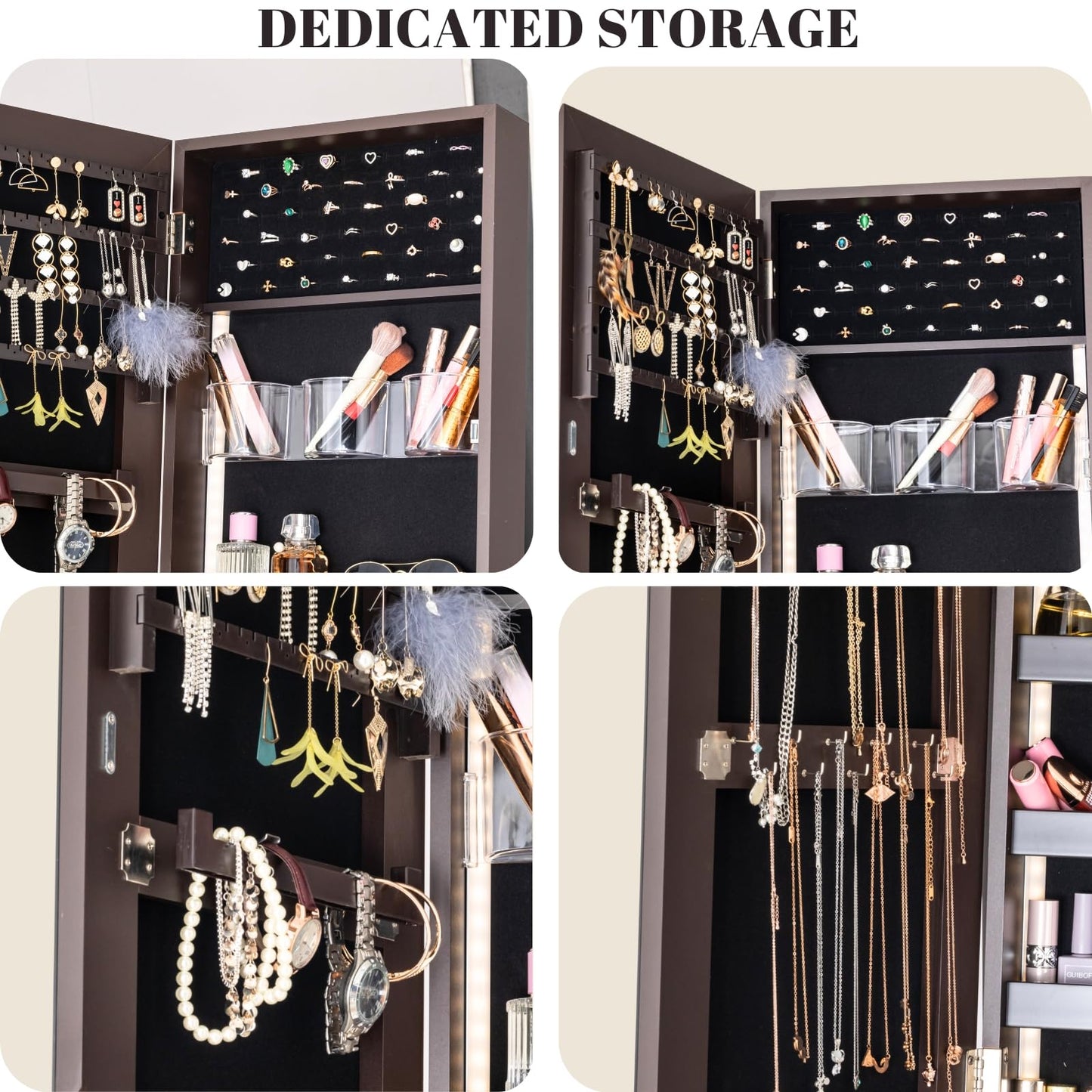 BTEXPERT Large Storage Jewelry Organizer with Frameless Mirror Free Standing Jewelry Armoire Cabinet (Brown)
