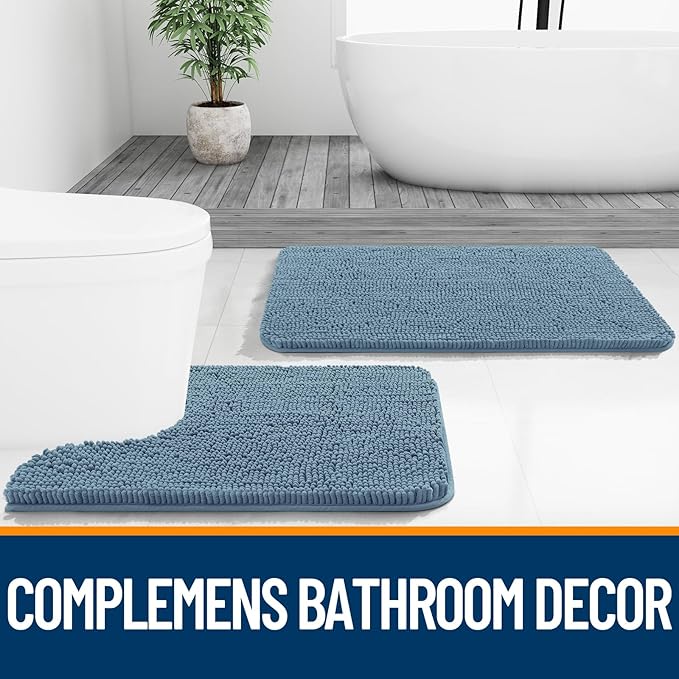 OLANLY Bathroom Rugs 47x17, Extra Soft Absorbent Chenille Bath Rugs, Rubber Backing Quick Dry, Machine Washable Bath Mats for Bathroom Floor, Tub and Shower, Home Decor Accessories, Airy Blue