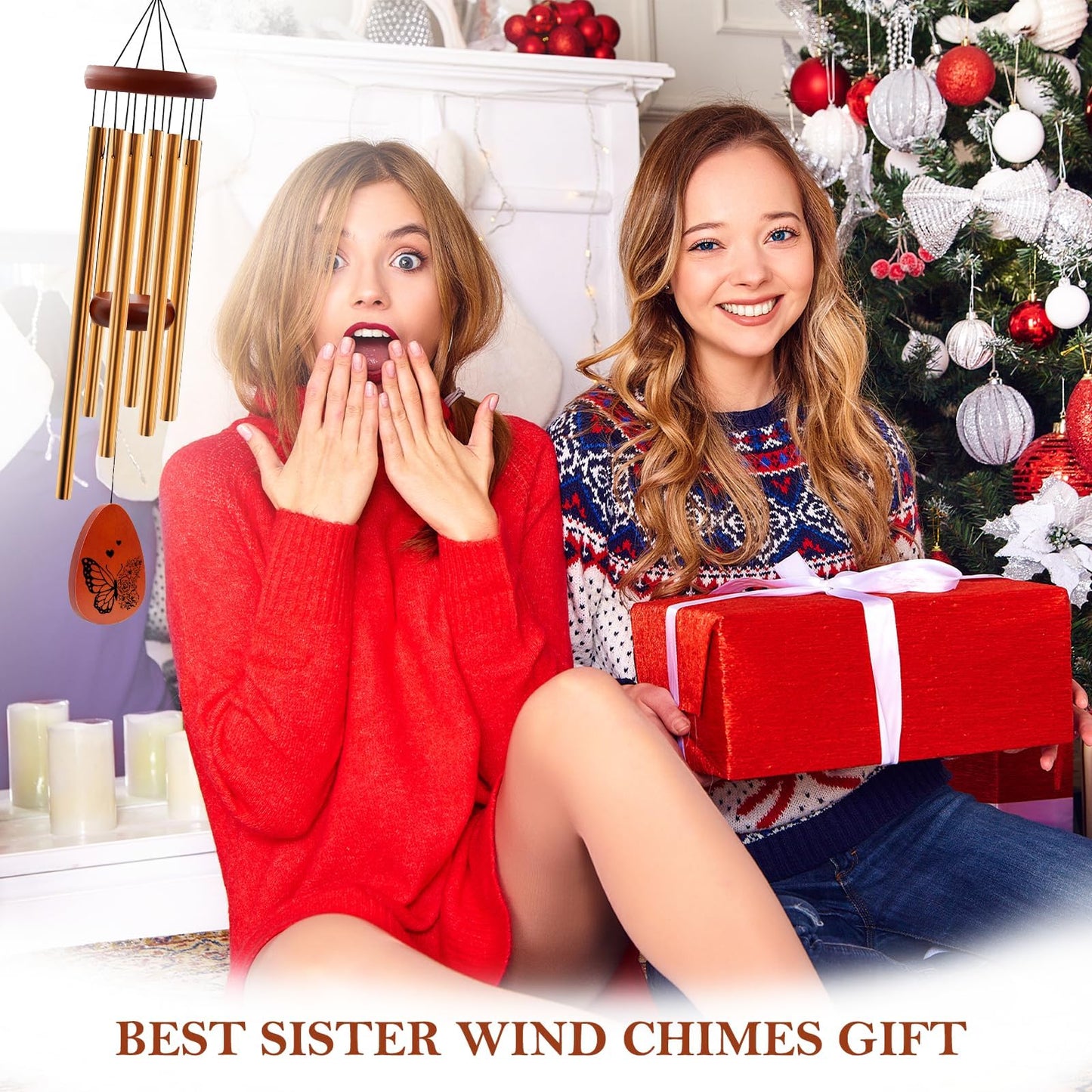 Sister Wind Chime - Sisters Gifts for Women, Sister Birthday Gifts Ideas, Butterfly Wind Chimes for Sis, Birthday Gift for Sisters Adult, Present for Sis Christmas, 25.5" Windchimes