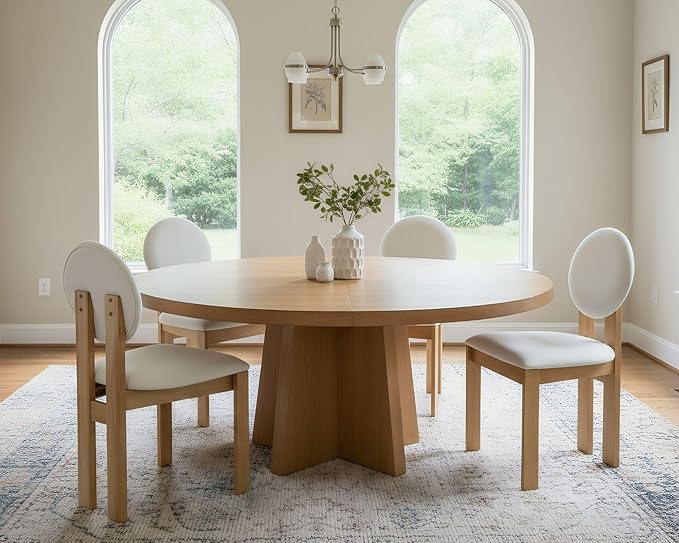 Wahson Modern Wood Dining Chairs Set of 4, Farmhouse Beige Linen Kitchen Chairs with Round Back and Wooden Legs, Mid-Century Armless Upholstered Accent Chairs for Dining Room/Living Room/Restaurant