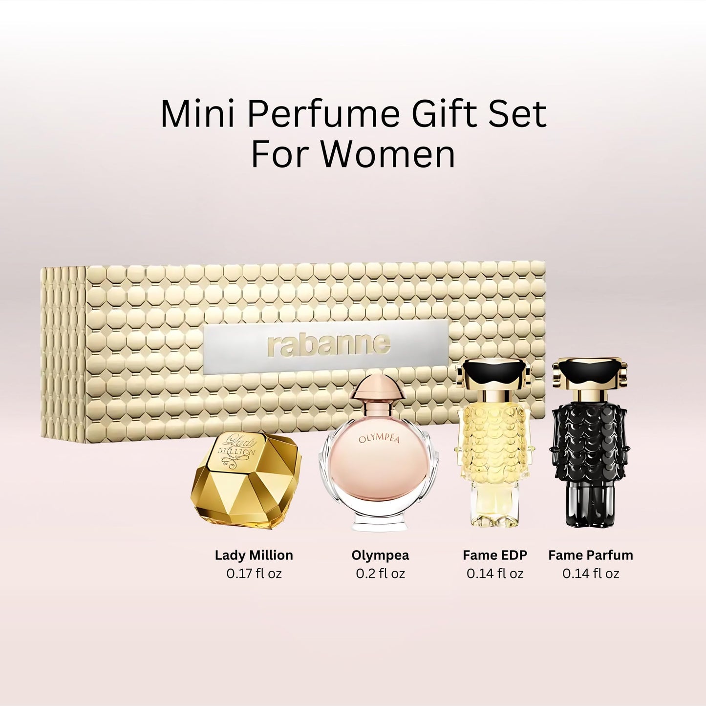 paco rabanne Feminine Miniature for Women - 4 Pc EDP Spray Mini Gift Set - 0.17oz Lady Million, 0.2oz Olympea,0.13oz Fame, 0.13oz Fame Parfum Spray