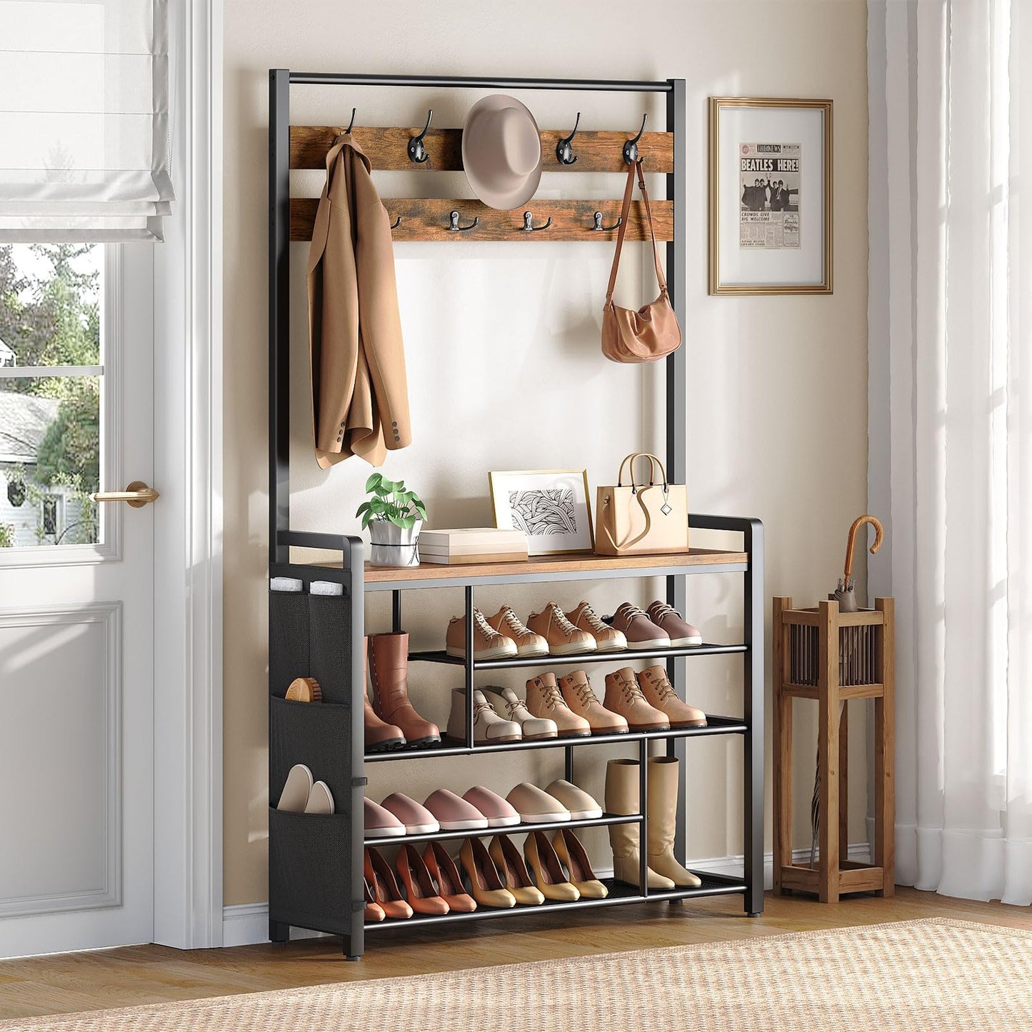 HOOBRO Hall Tree with Bench, Shoe Rack with Coat Rack, 39.4" Coat Rack with Shoe Storage, 5 Tier Shoe Storage Organizer, Oxford Fabric Side Pockets, Coat and Shoe Rack Entryway, Rustic Brown BF46MT01