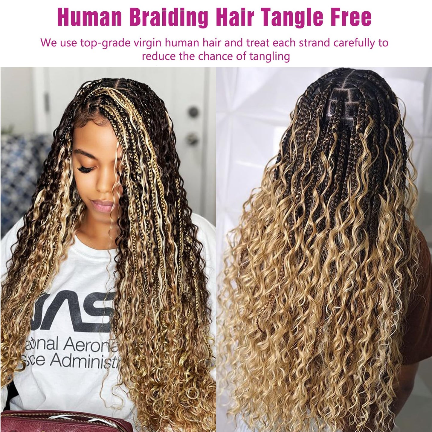 1B/27 Highlight Honey Blonde Human Braiding Hair Deep Wave Bulk,Black and Blonde No Weft Curly Braiding Hair Extensions for Boho