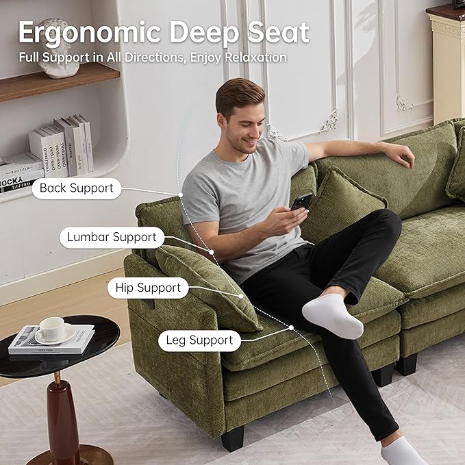 Opiesit 108" Modular Sectional Couches for Living Room with Ottoman, L Shaped Cloud Couch with Charger, USB & Type-c Port, Comfy 4 Seats Sofas with Deep Seat, Chenille Fabric, Green