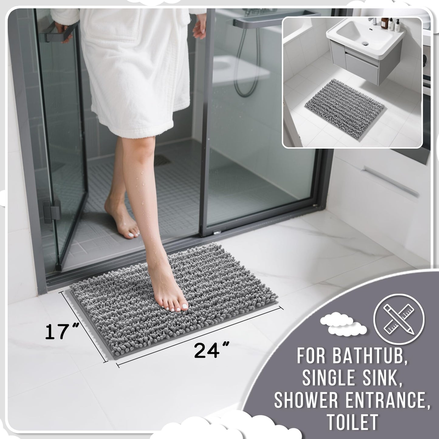 Yimobra Bathroom Rugs Non Slip Washable 24x17 Inch - Ultra Soft Absorbent Chenille Bath Mat, Quick Dry Shaggy Floor Carpet for Tub Shower, Gray Home Decor Accessories