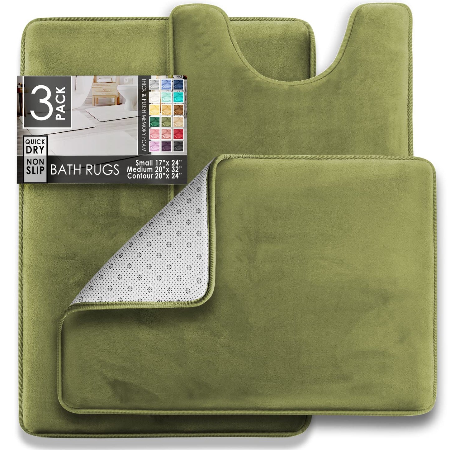 Clara Clark 3 Piece Bathroom Rugs Bath Mat Set, Velvet Memory Foam Bath Mats for Bathroom - Non-Slip, PVC Backing Bath Rugs, Washable - Dries Quickly, Green