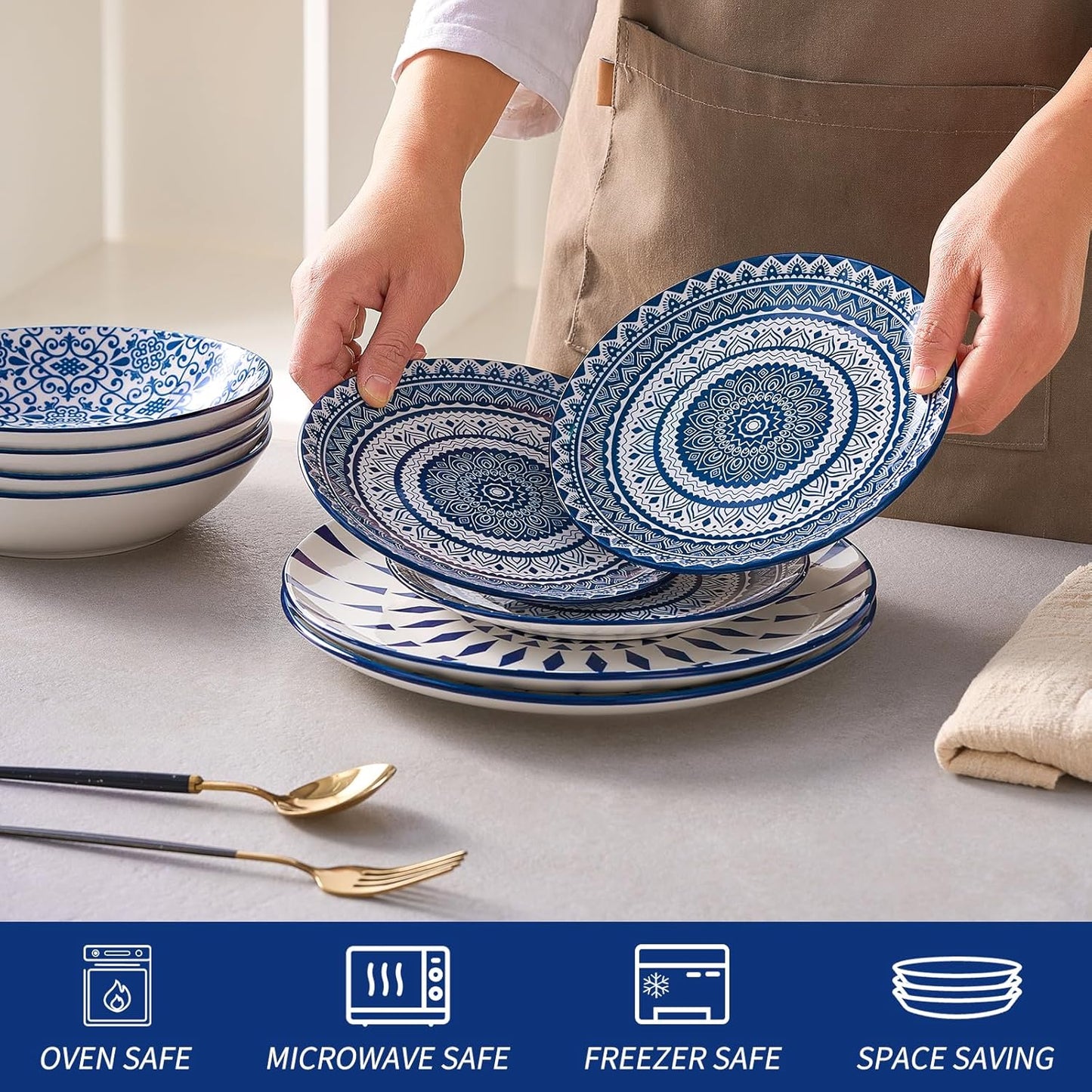 Bestone Porcelain Dinnerware Sets Service for 4, 12 pcs Hand drawn Plates and Bowls Sets, Handmade Ceramic Dish Set, Chip Resistant Modern Plate Set, Dishwasher/Microwave Safe,Vintage Blue