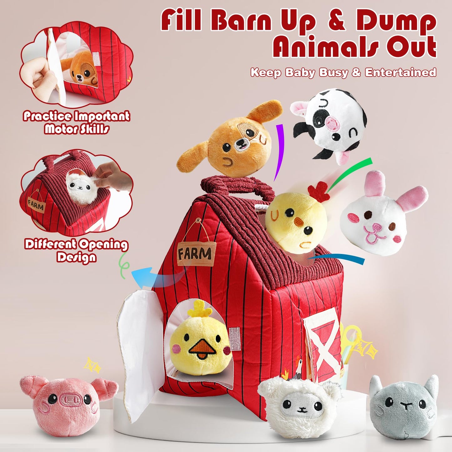YideOtmz Baby Montessori Toys 6-12 Months, Busy Sensory Toys for Toddlers 1-3, Plush Big Red Barn with Stuffed Farm Animals, Rattle, Crinkle,Christmas Easter Birthday Gifts for Baby Boys Girls