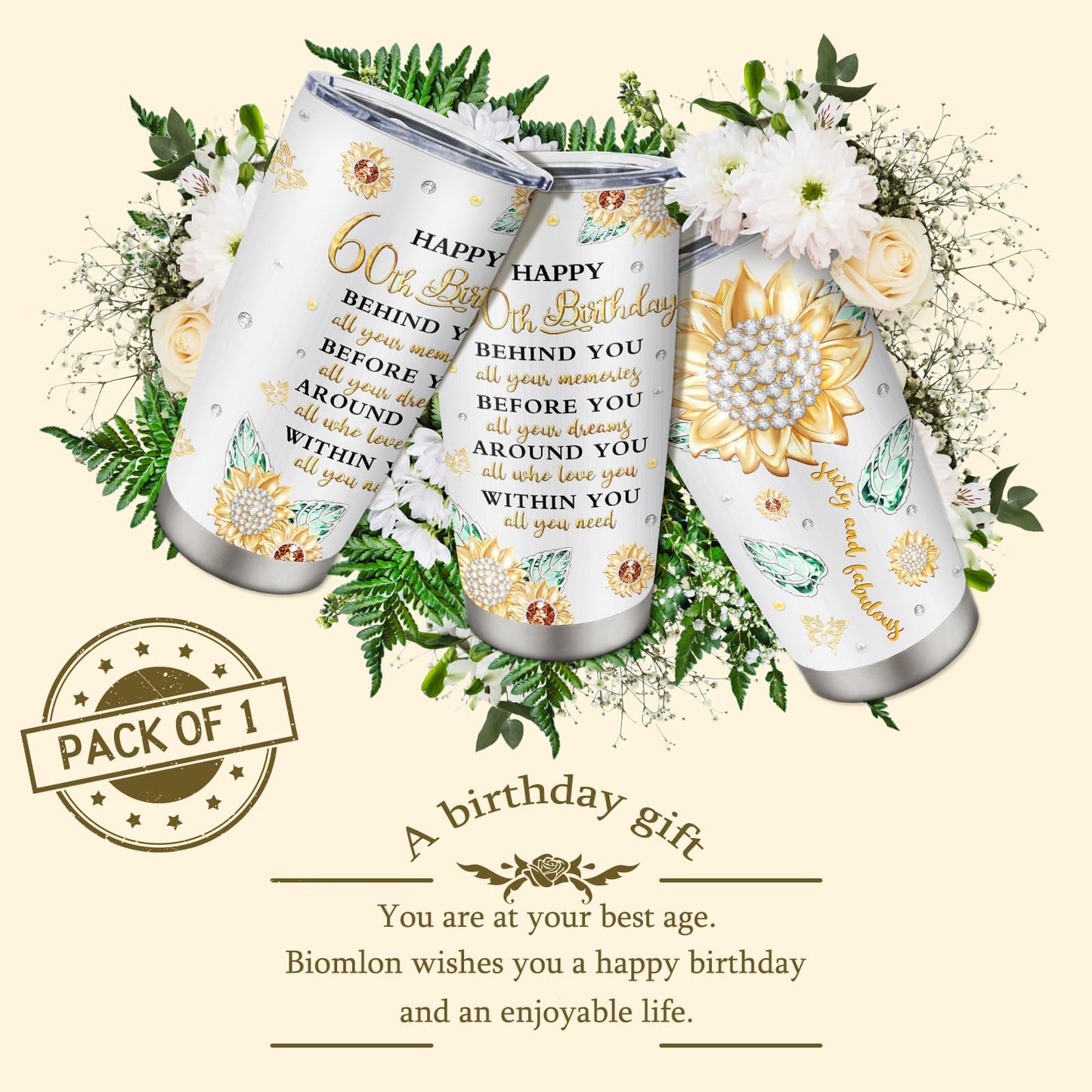 Biomlon 60th Birthday Gifts for Women Tumbler 20oz, Happy 60th Birthday Decorations, 60 Year Old Gifts for Women/Her/Mom/Grandma