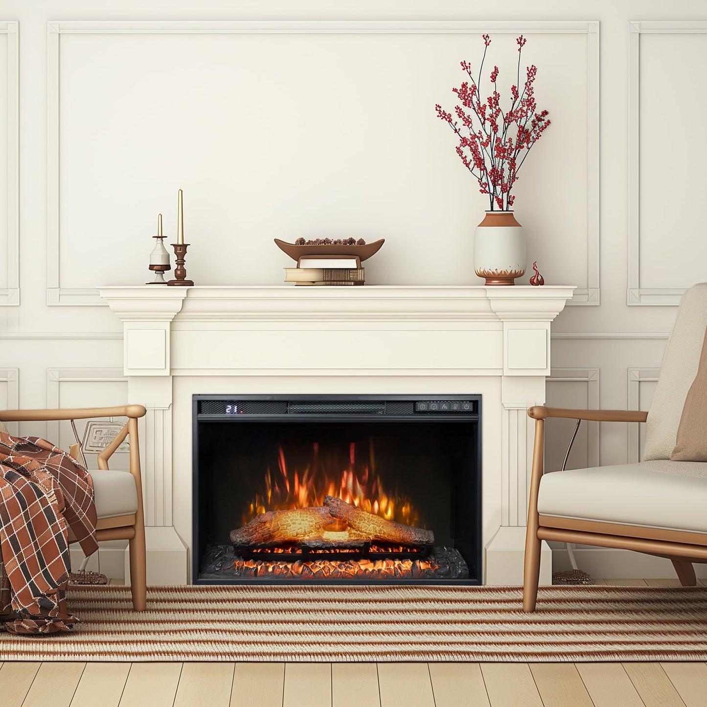 Rodalflame 26 Wide Electric Fireplace Insert, 6 Brightness Level, 5 Flame Speed, 62-82?, Timer & Remote Control, Indoor Fireplac