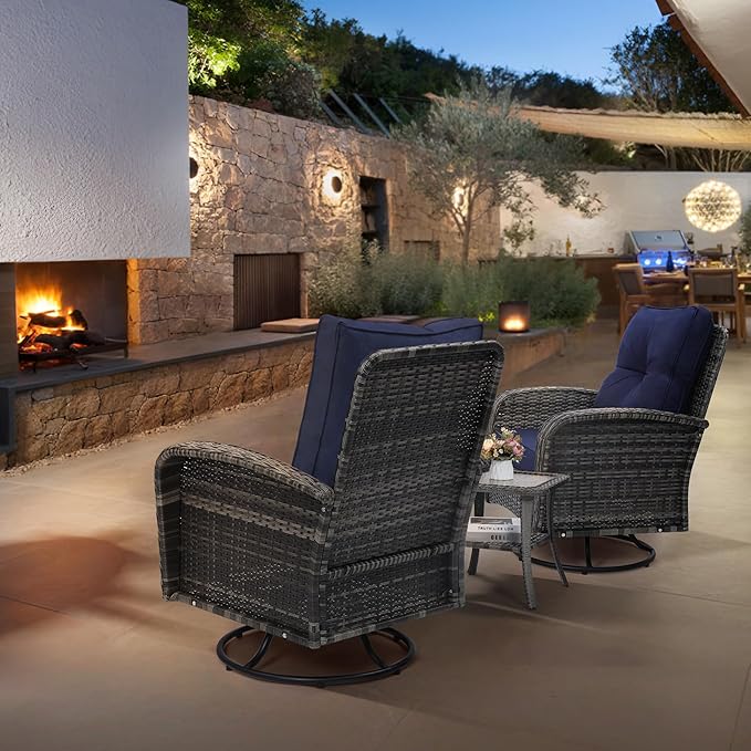 wildformers Luxury Outdoor Swivel Wicker Glider Patio Chairs with Table Set, Overstuffed Washable Cushions, Ideal for Porch, Balcony, Deck, Grey Rattan and Blue Cushion