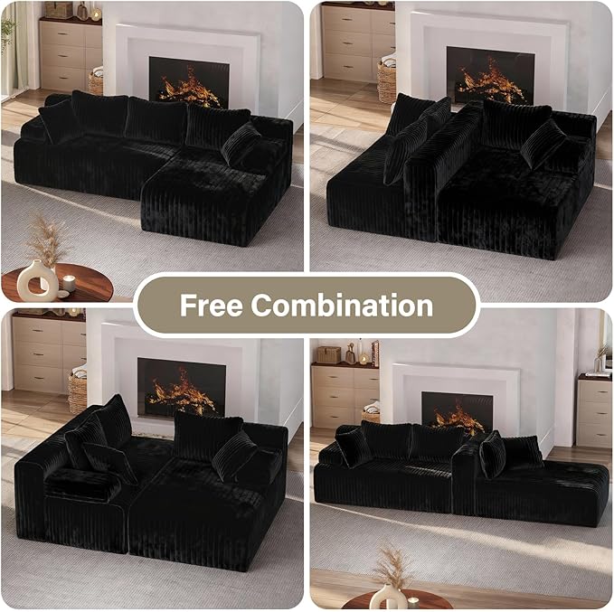 LAUSAINT HOME 96" Modular Sectional Sofa Couches, L-Shaped Boneless Cloud Sofa with 3 Deep Seat, 5 Cushiones Oversized Chaise for Living Room, Bedroom, Plush Corduroy Fabric (Right, Black)