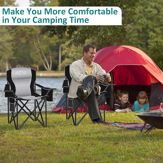 SAILARY Camping Chair Heavy Duty High Back Folding Chair with Cup Holder, 450lbs Capacity, Padded Seat, Cooler Bag & Storage Pocket, Portable for Outdoor, Beach, Fishing, Sports, 2 Pack Black