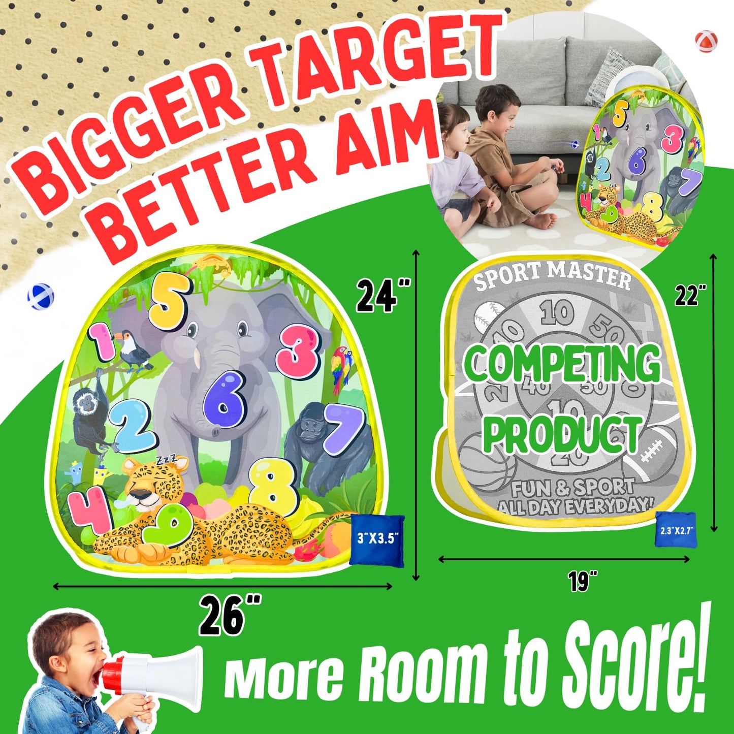Grip Kids 2-in-1 Dinosaur & Animal Bean Bag Toss Game – Double-Sided 27" Target Board with 6 Bean Bags – Outdoor & Indoor Toy for Toddlers & Kids Ages 3-6 – Birthday Gift - Amazon Exclusive