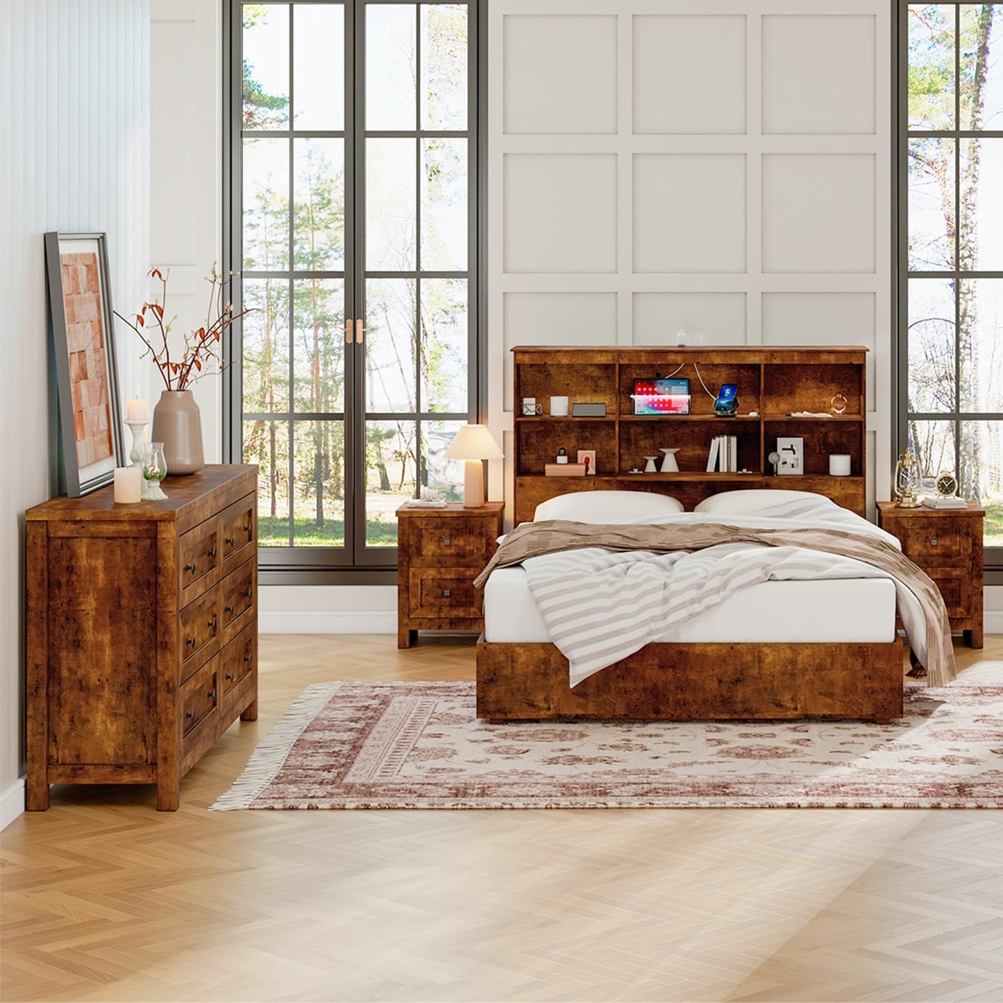 LUXOAK Bedroom Dresser and Nightstand 3 Piece Set, 1 X Wood Rustic 6 Drawer Storage Dresser, Nightstand Set of 2 with Charging Station, Farmhouse Bedroom Furniture Set, Rustic Brown
