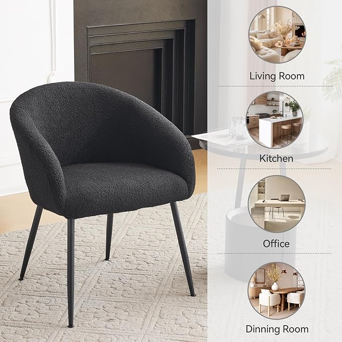 YDcosyfy Modern Small Accent Chair Set of 4, Comfy Sherpa Makeup Vanity Chair with Metal Legs, Decorative Dining Chair no Wheels for Living Room, Dressing Room, Bedroom, Black
