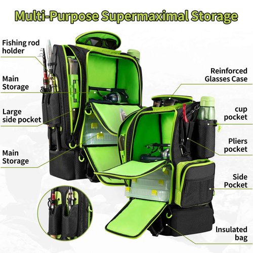 BLISSWILL Large Fishing Backpack with Cooler for 3 Tackle boxes Fish Bag with Rod Holders Fishing Gear and Equipment for fishing camping hiking