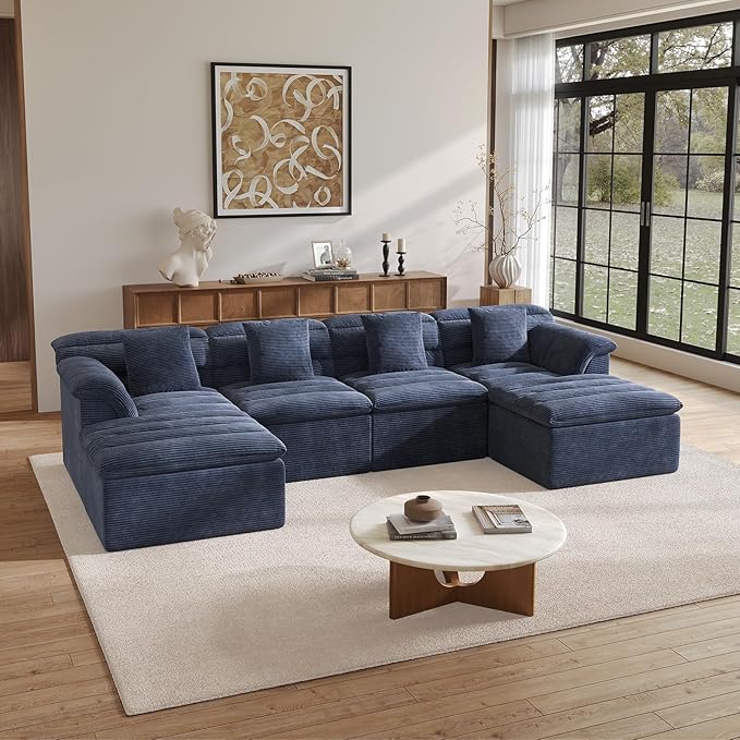 SUNG7 142" Modular Sofa with Ottoman, Boneless Cloud Couch with Deep Seat, Comfy U-Shape Corduroy Couches for Living Room, No Assembly Required, Blue