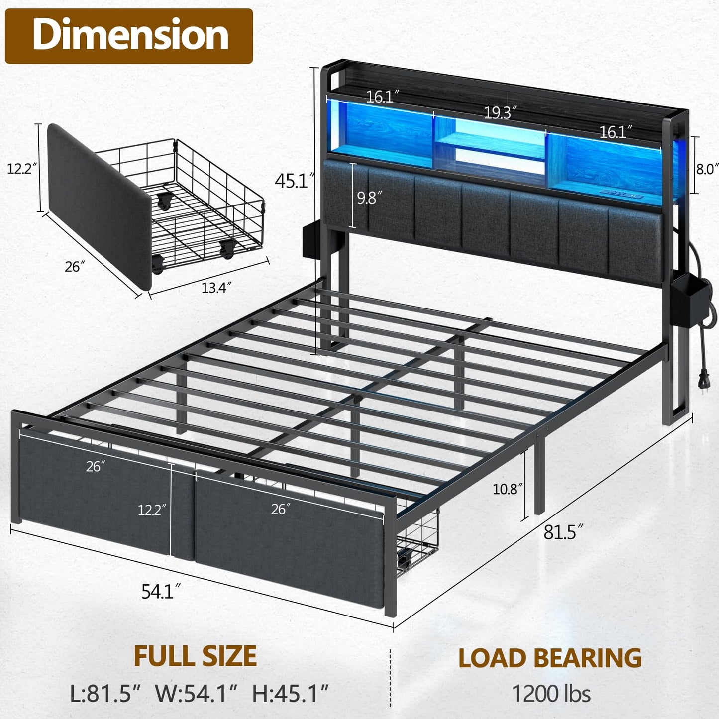 Furnulem Full Size Bed Frame with Headboard, Bed Frame Full Size with Storage Drawers, Charging Station and LED Lights, Metal Platform No Box Spring Needed, Upholstered Headboard, Noise Free, Black