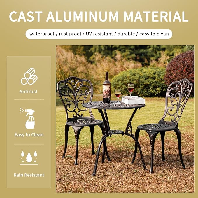 Withniture 3 Piece Outdoor Bistro Set All Weather Patio Table and Chairs Set, Cast Aluminum Patio Bistro Sets with 1.97” Umbrella Hole, Metal Patio Furniture Set for Front Porch Garden, Bronze