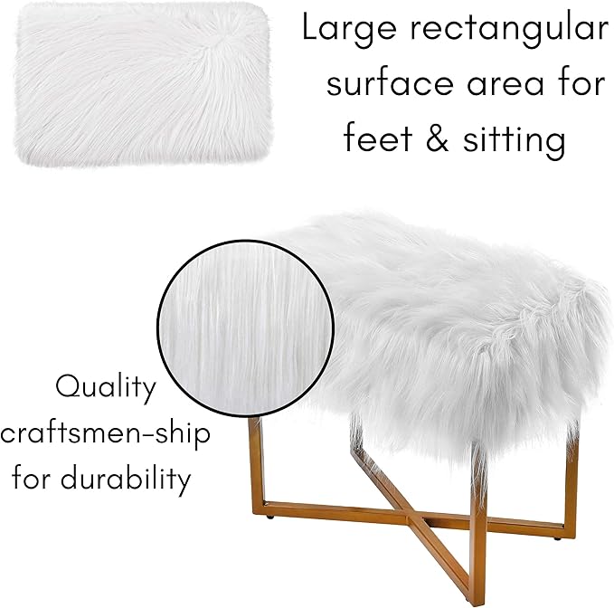 BIRDROCK HOME Rectangular White Faux Fur Foot Stool Ottoman with Gold Legs - Vanity Chair - Soft Compact Padded Seat - Bedroom and Kids Room Chair - Metal - Fluffy Makeup Seat