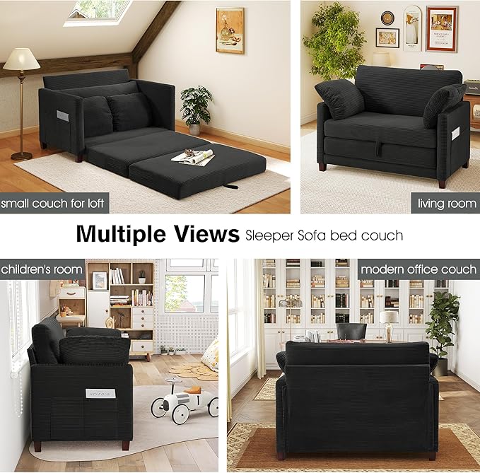 kakuboohi 51" Loveseat Sleeper Sofa Bed, Corduroy Convertible Floor Sofa Bed for Small Spaces, Folding Couch Bed with Deep Seat, 2 Pillows & Solid Frame, Pull Out Floor Couch for Living Room, Black