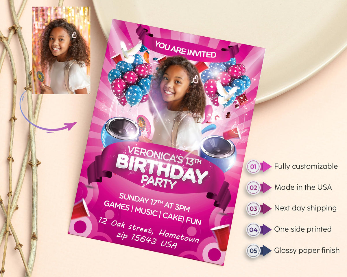 Megapolis Customized Birthday Invitations with Picture for Girls, Birthday Invitations for Girls Party with Photo, Personalized Invitation Cards (for girls)