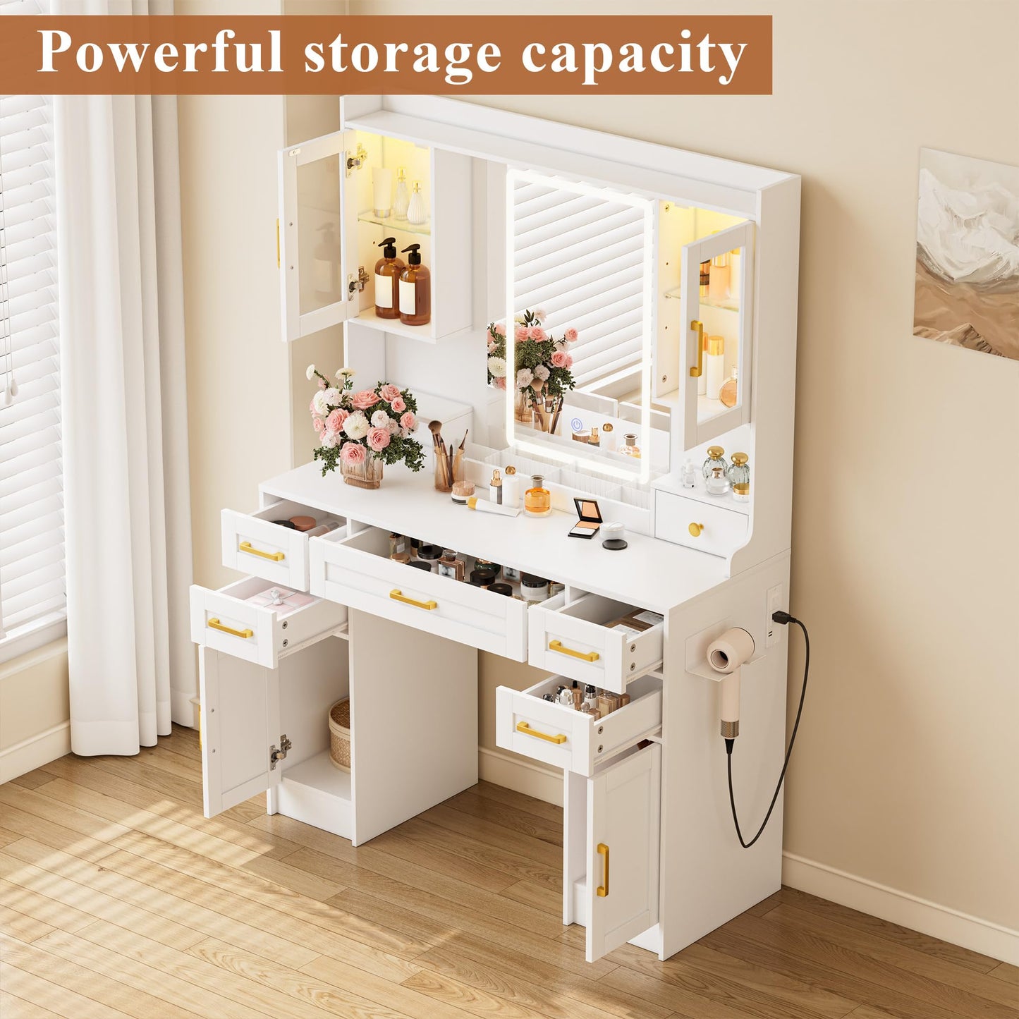 NUNU LAB Large Vanity Desk with Mirror and Lights - 7 Drawers & 4 Cabinets Extra Storage Capacity, Makeup Vanity Table with 3-Color Adjustable LED for Bedroom (043 No Bench, 42.1 * 15.75 * 57.7in)