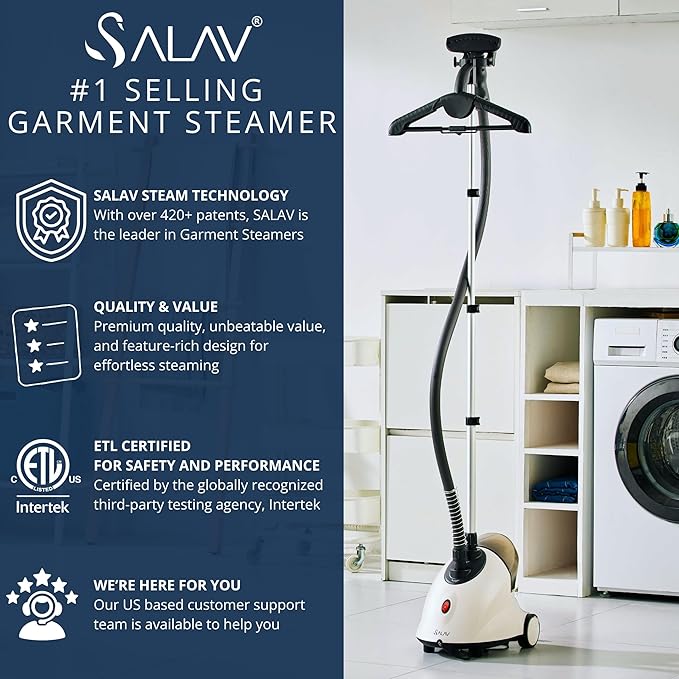 SALAV GS18 Full-Size Clothes Steamer - 1500W Power, 1.8L Water Tank, 60-Min Garment Steam, Iron Clothing, Adjustable Pole & Wheels for Easy Storage, Professional Standing Steamer for Clothes, White