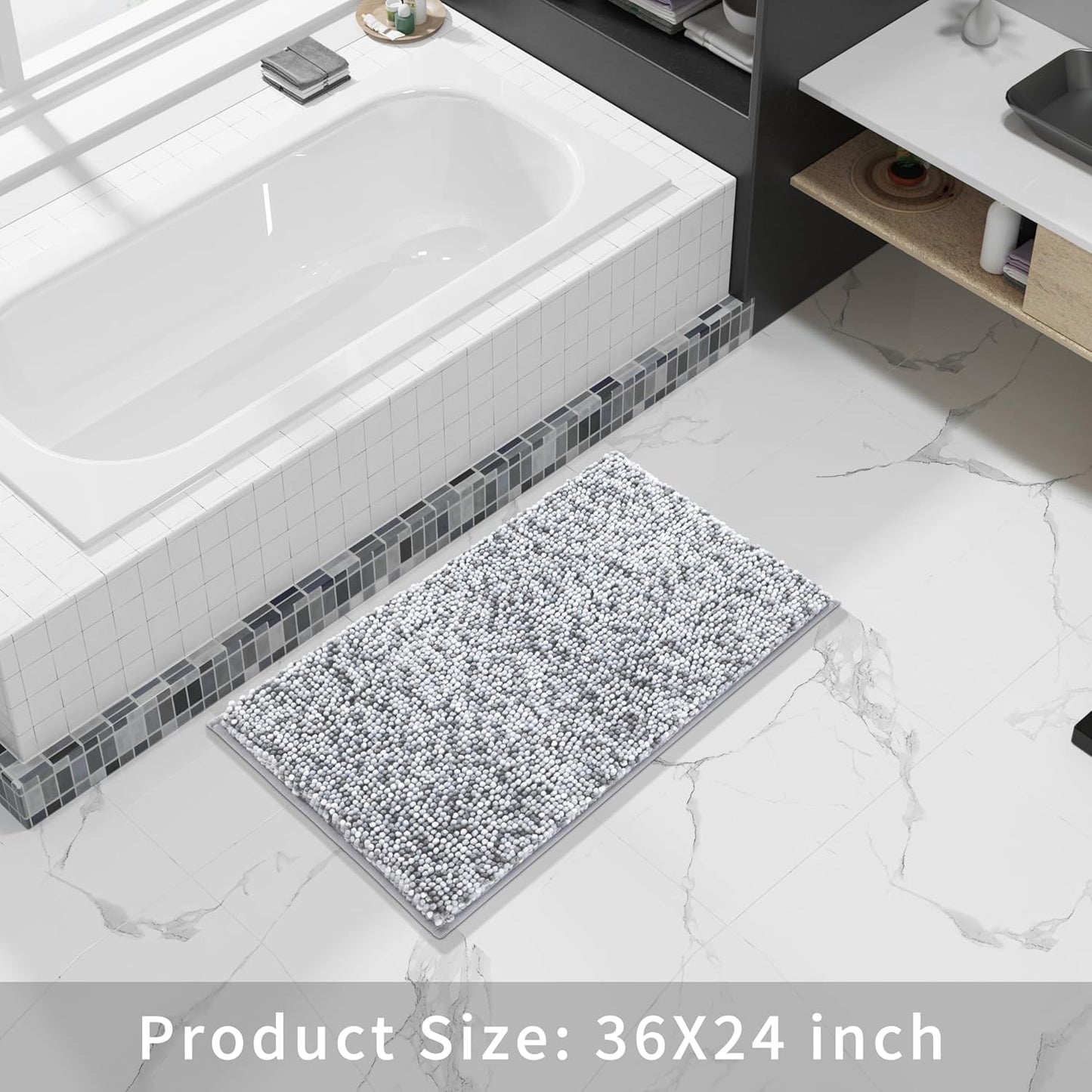 Yimobra Bath Mats for Bathroom Non Slip, 36x24, Extra Soft Chenille Bathroom Rugs, Luxury Fluffy Long Matts for Tub, Plush Shaggy Carpet, Water Absorb, Machine Washable, Light Grey & Dark Grey