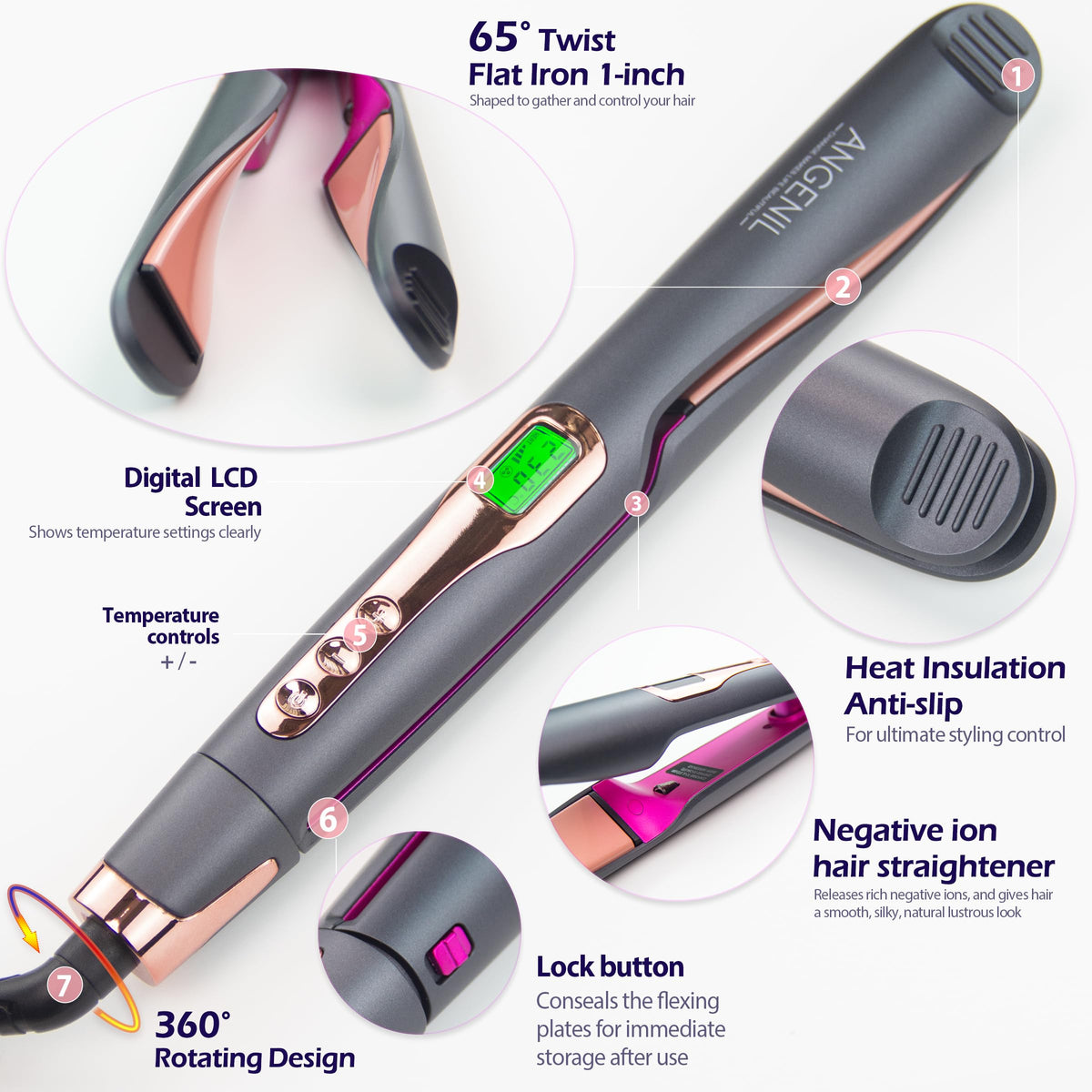 ANGENIL Pro Twist Ceramic Flat Iron 1 Inch, Dual Voltage Hair Straightener and Curler 2 in 1, Multi-Stylers Round Flat Iron Hair