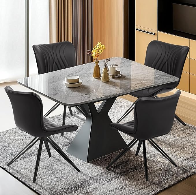 VATROS Dining Chairs Set of 4, 360° Swivel Upholstered Mid-Century Modern Kitchen Dining Room Chairs, Armless Faux Leather Accent Side Chair with Padded Back, Metal Leg, Black