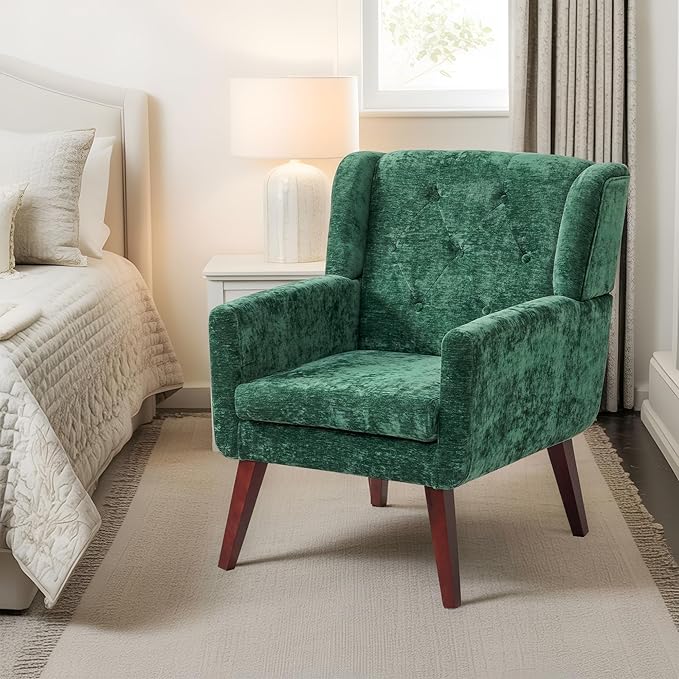 Accent Chair Button-Tufted Upholstered Living Room Chairs Comfy Reading Chair Mid Century Modern Chair with Linen Fabric Lounge Arm Chairs for Living Room Bedroom(Green)