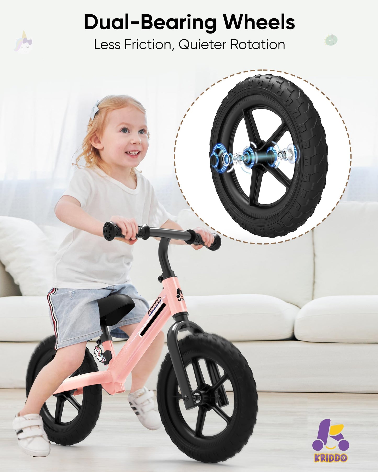 KRIDDO Toddler Balance Bike 2 Year Old, Kids Balance Bike for 2-5 Years Old, Dual Bearing for Smoother Riding, Adorable Plate, Adjustable Seat and Handlebar, Toddler Bike Gifts Age 2-3