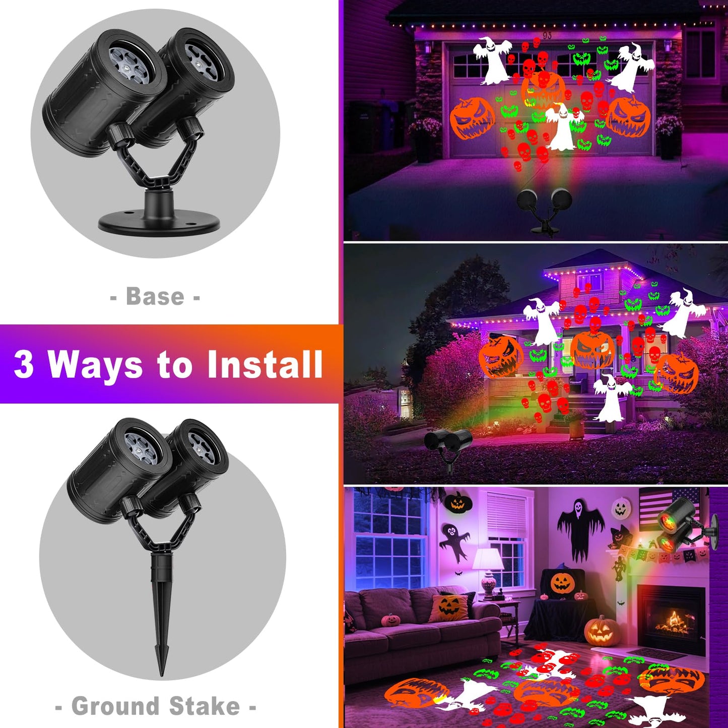 Upgraded Halloween Projector Lights Outdoor, Double Head Dynamic Projector Lights Indoor, 360° Rotating Waterproof Pumpkin Ghost Skeleton Bats Projection Light for House Patio Window Party Decor