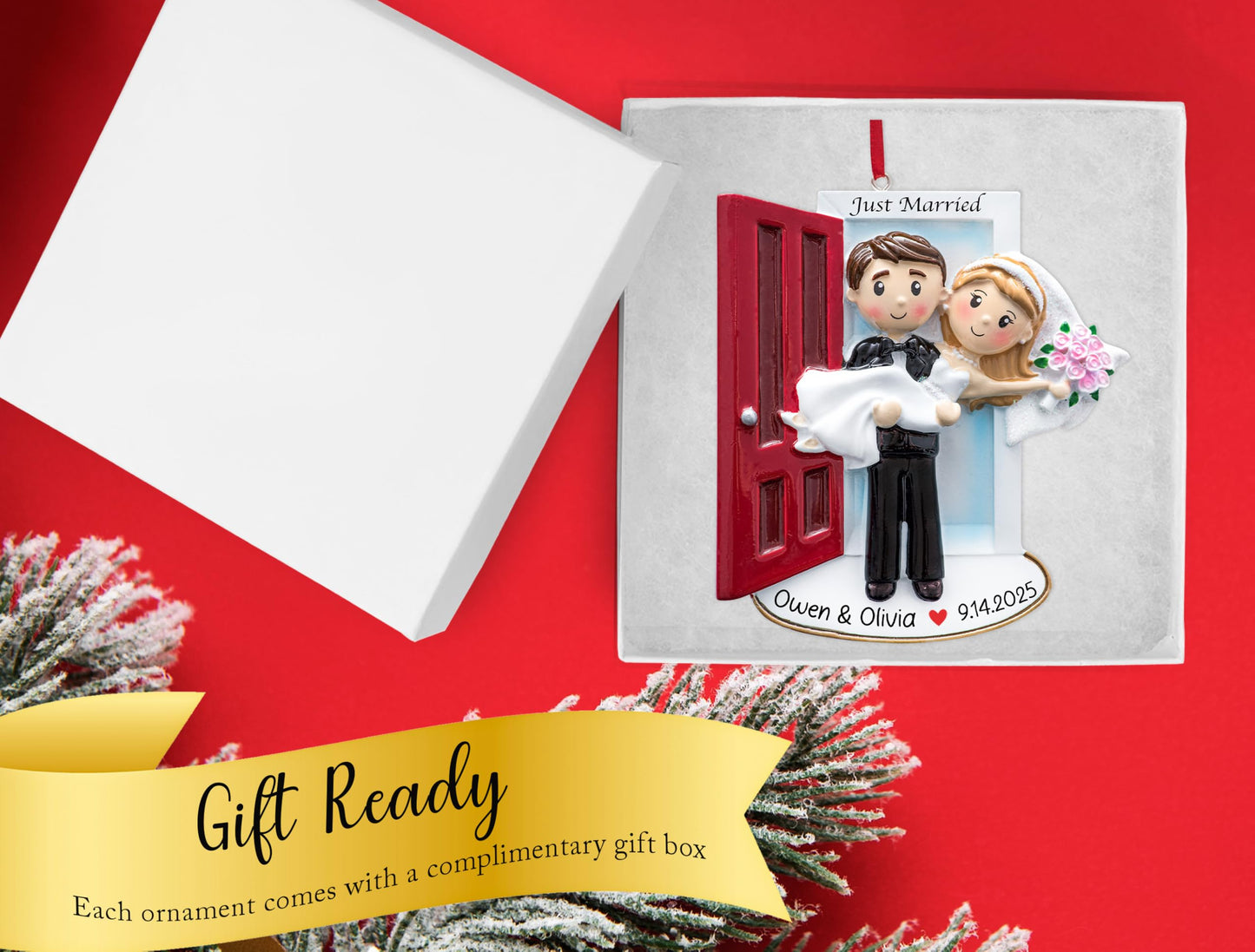 UniqXmas Personalized Our First Christmas Married Ornament 2025 | Customized Wedding Couple Threshold, Groom Carrying Bride for Xmas Tree | Just Married Newlyweds Marriage Keepsake | Custom Name Year