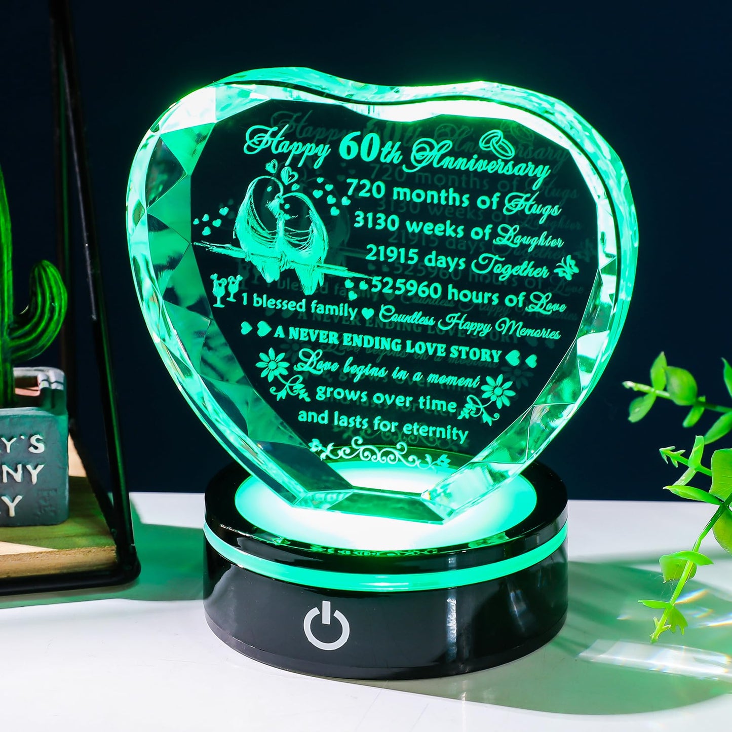 YWHL 60th Wedding Anniversary Crystal Heart Gifts for Parents Couple, Laser Engraved Romantic 60 Year Anniversary Crystal Keepsake Gifts for Wife Husband, 60 Years of Marriage Gifts for Her Him