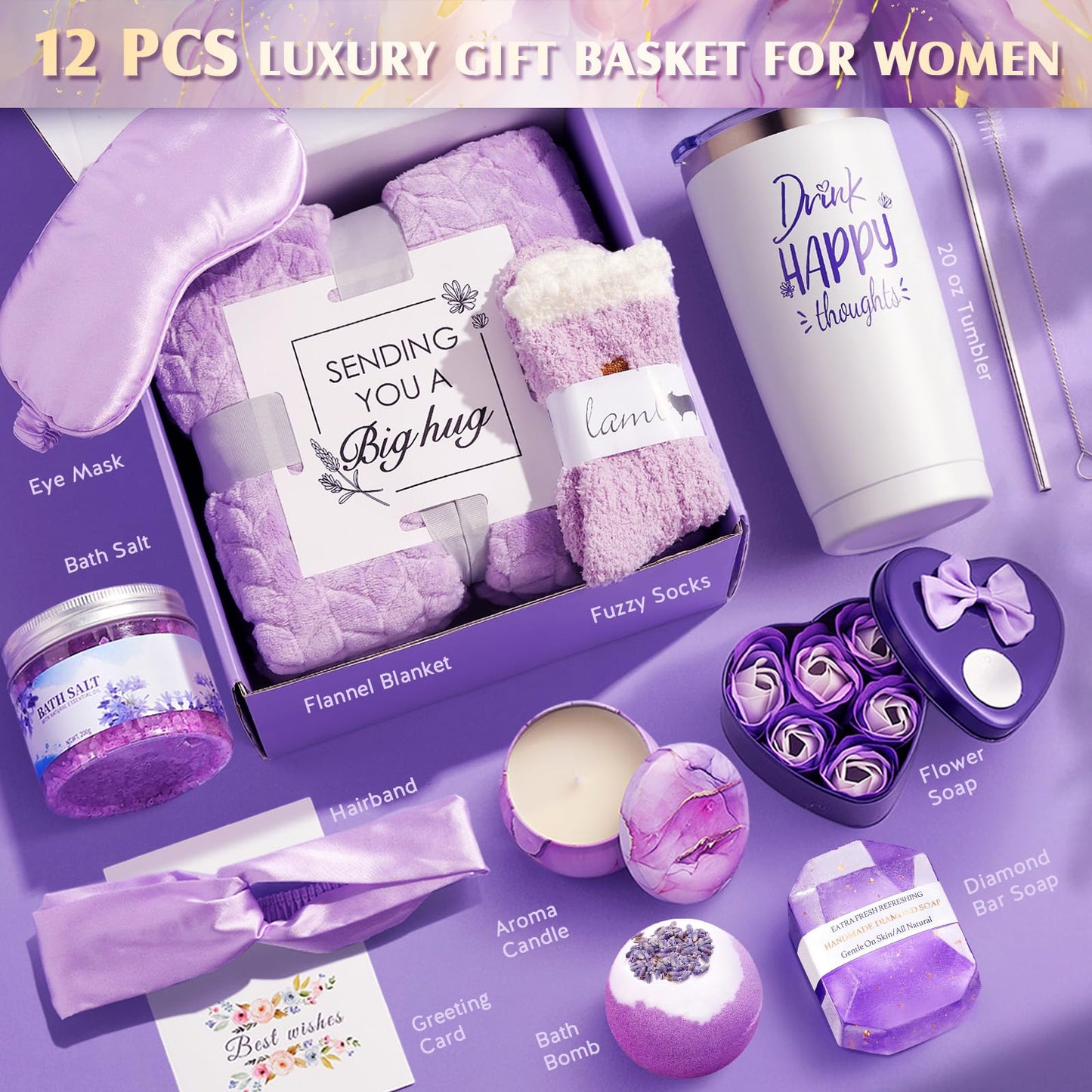 YFONG Spa Gifts for Women, Happy Birthday Gifts for Women, Self Care Get Well Soon Gifts Basket for Mom, Wife, Girlfriend, Sister, Best Friends, Thinking of You Purple Relaxing Gift Set - Lavender