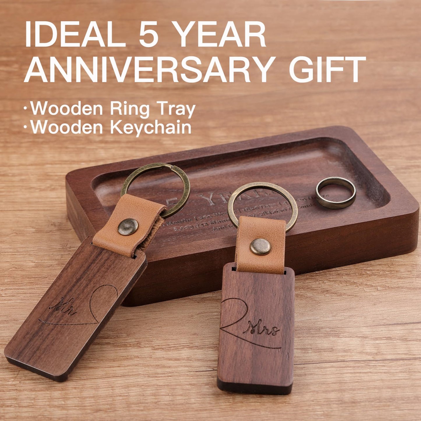 MISTOD Wood Ring Dish & Keychain- Engraved Rectangle Ring Tray Small Jewelry Dish, 5th Marriage Anniv Gifts Set | 5 Year Wedding Anniv Valentine's Day Gifts Ideas