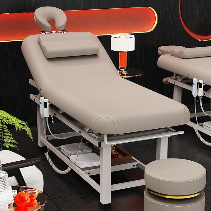 pouseayar Heating Function Heavy Duty Electric Stationary Massage Table with Backrest Adjustable and Storage Space for Treatment/Medical Spa/Facial/Beauty/Massage Bed - 30 x 75 - Beige Gray