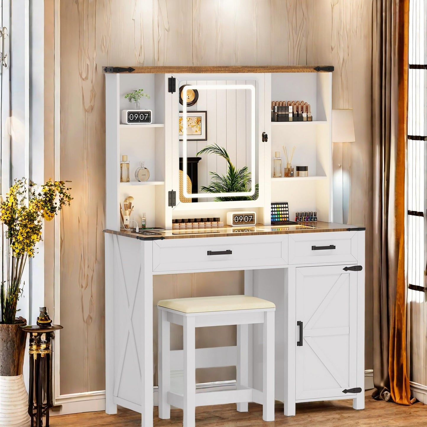 GlasFlength Farmhouse Makeup Vanity with Lighted Mirror,Vanity Desk with Charging Station,Vanity Table with Hidden Jewelry Cabinet,40'' Makeup Table with Glass Tabletop,Stool Included,Vintage White