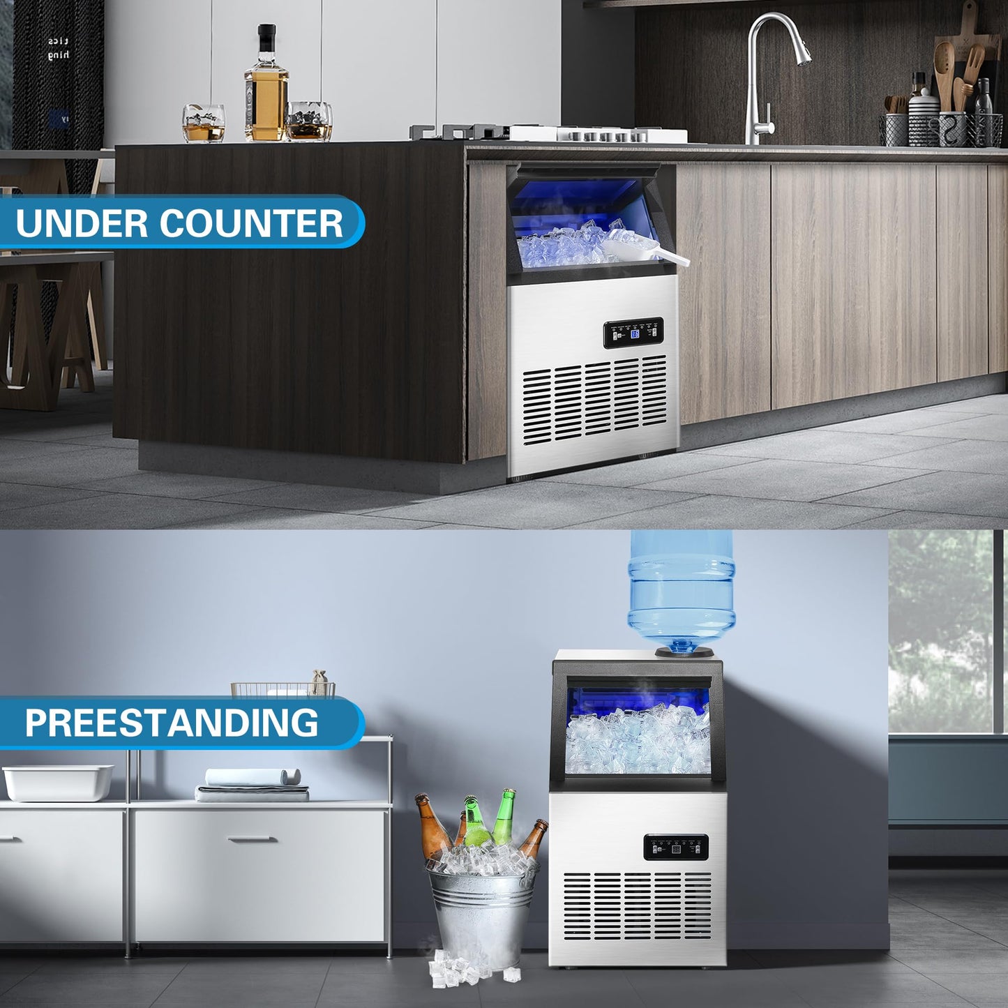 Zomagas 120LBS/24H Commercial Ice Maker Machine, Freestanding Stainless Steel with Adjustable Ice Thickness & LCD Control,40 Cubes/Cycle,Self-Cleaning,Quiet Operation for Home,Restaurant,Bar