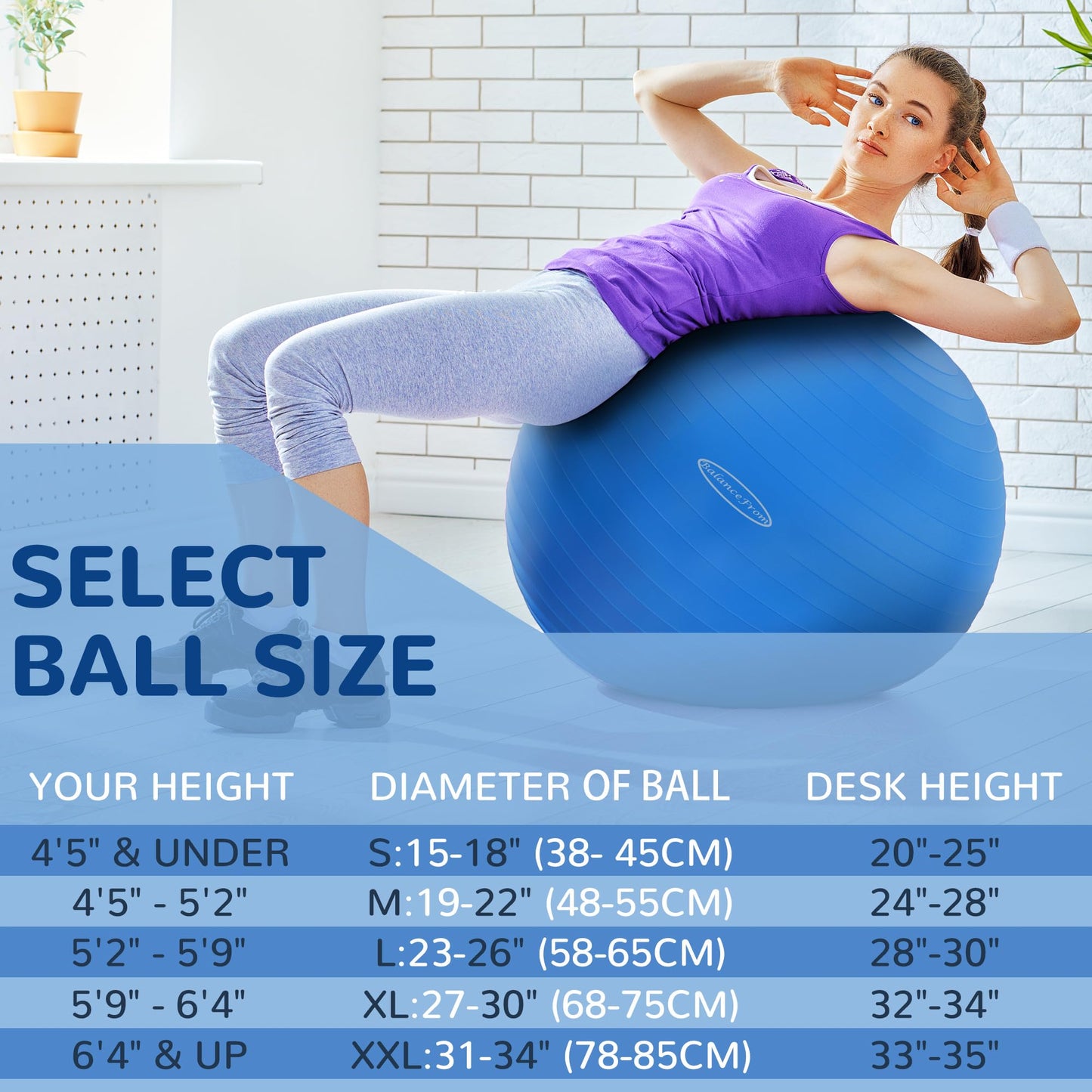Fitvids Anti-Burst Slip Resistant Exercise Ball - 34-inch Blue, 2,000-Pound Capacity, Quick Pump