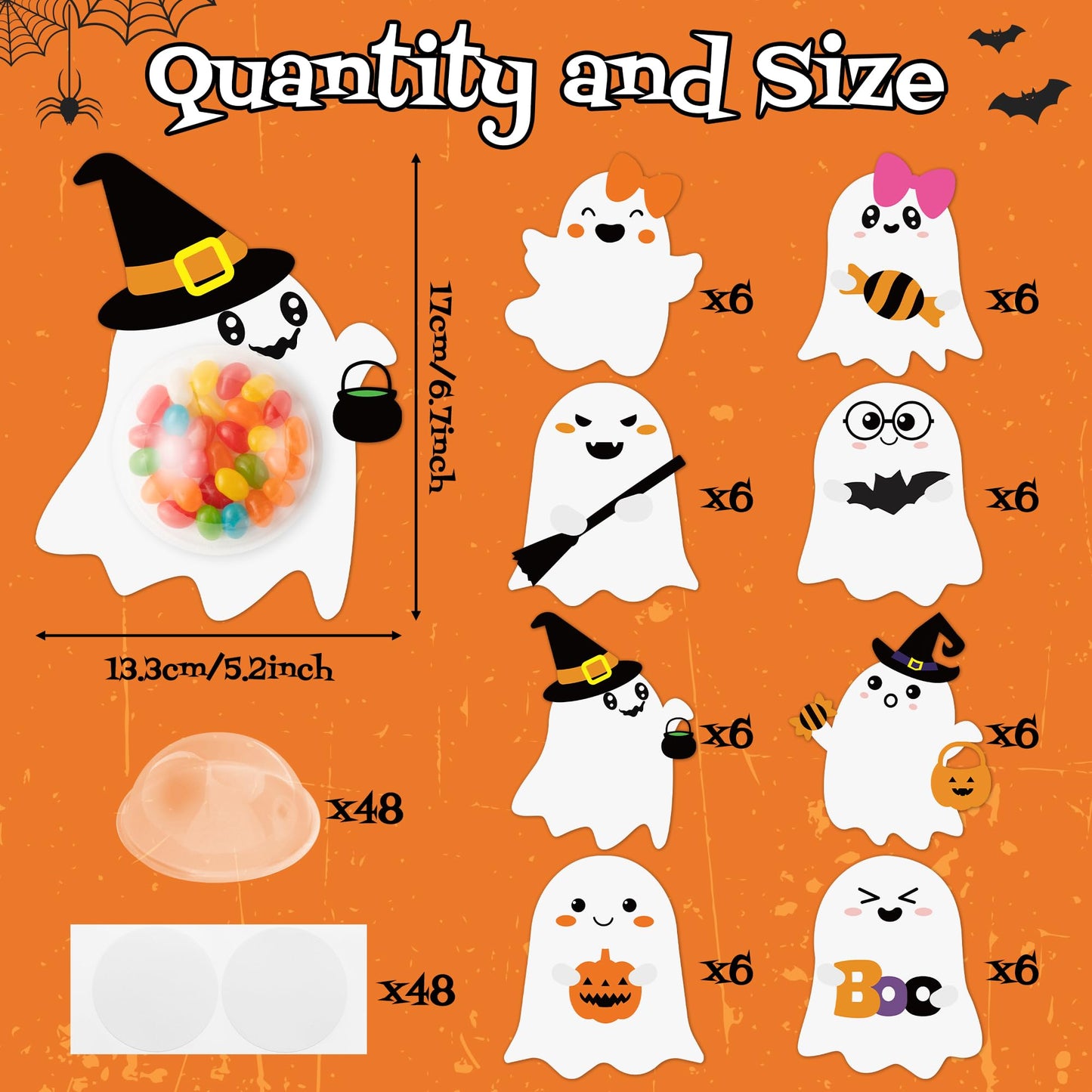 TICIAGA 48set Halloween Ghost Candy Holder Craft Kits for Kids DIY Halloween Ghost Candy Card Gifts Trick or Treat Gifts Happy Halloween Gifts with Round Adhesive Shaker Pouches for School Classroom